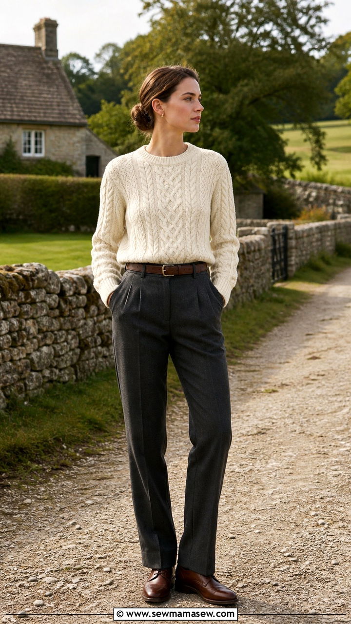 Cable Knit Sweater With Straight Leg Trousers - 40 old money outfits for women