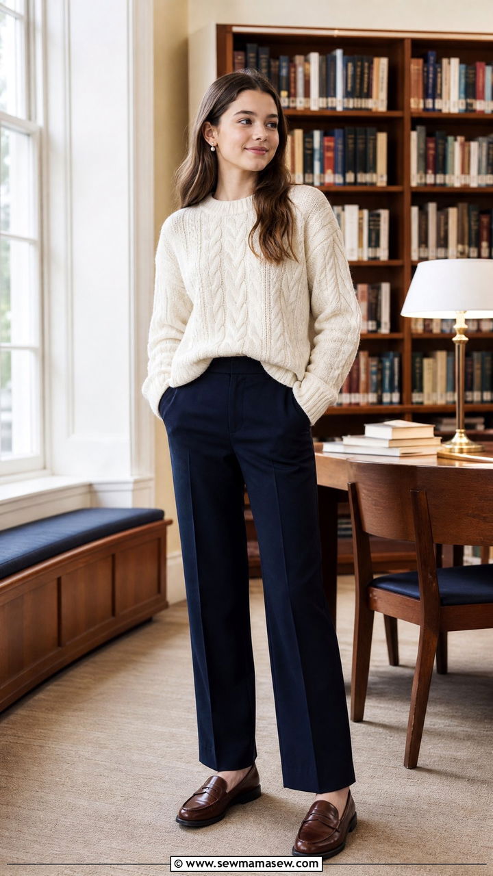 Cable Knit Sweater With Straight Pants - 25 Preppy outfit ideas for teens