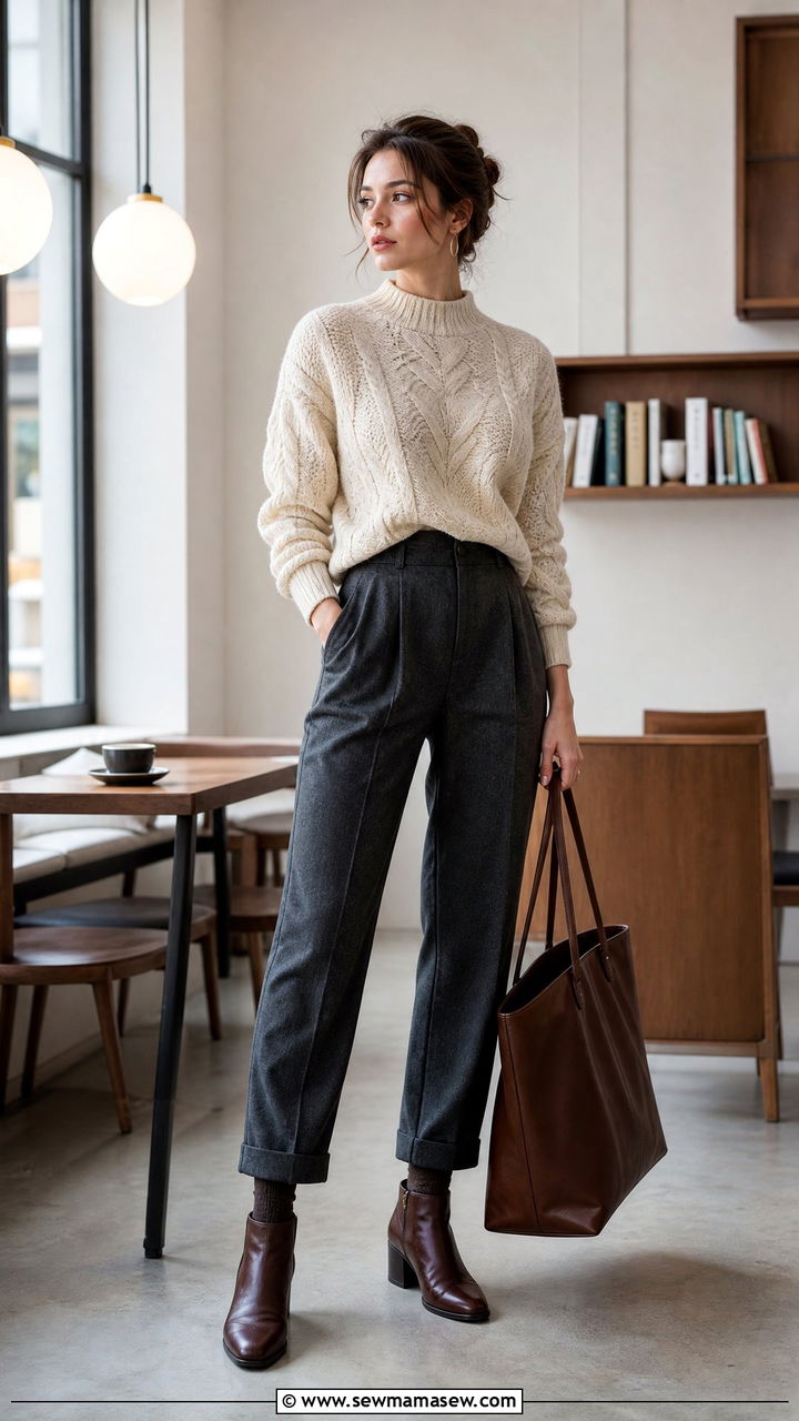 Cable Knit Sweater With Tailored Wool Trousers - 25 classy librarian core outfits
