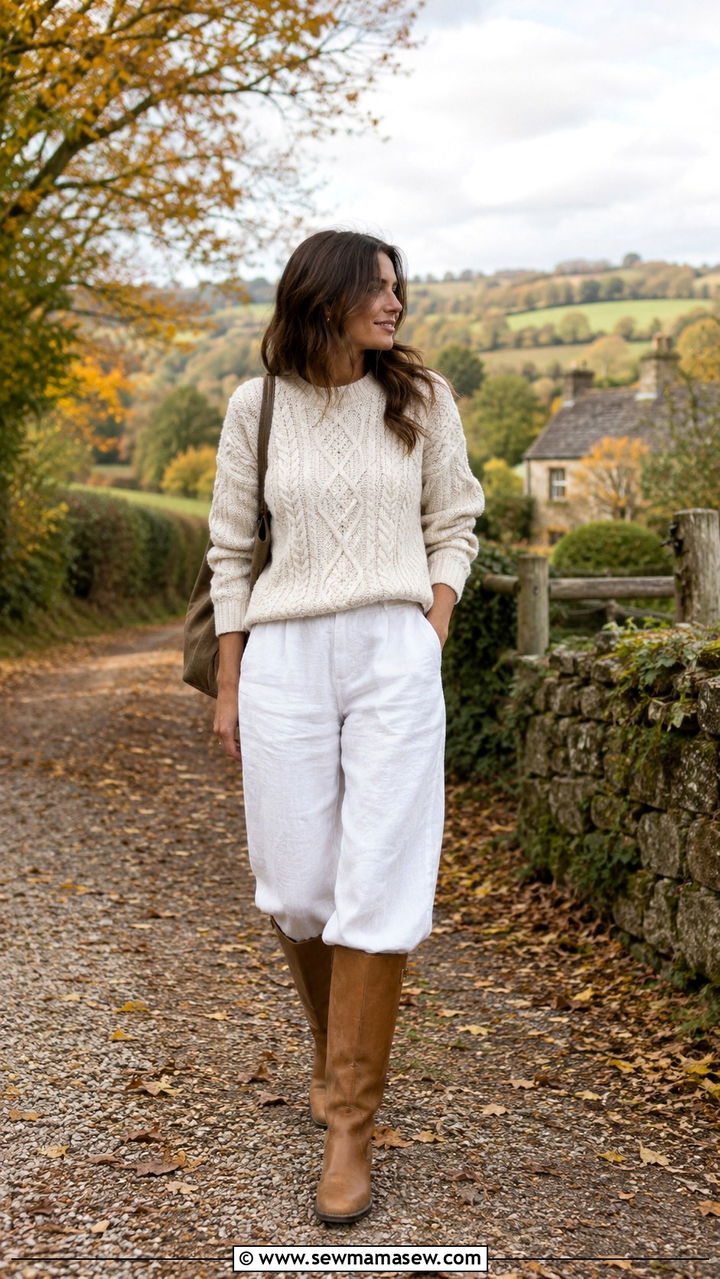 Cable Knit Sweater With White Linen Pants - 25 Wide leg linen pants outfit ideas with a sweater