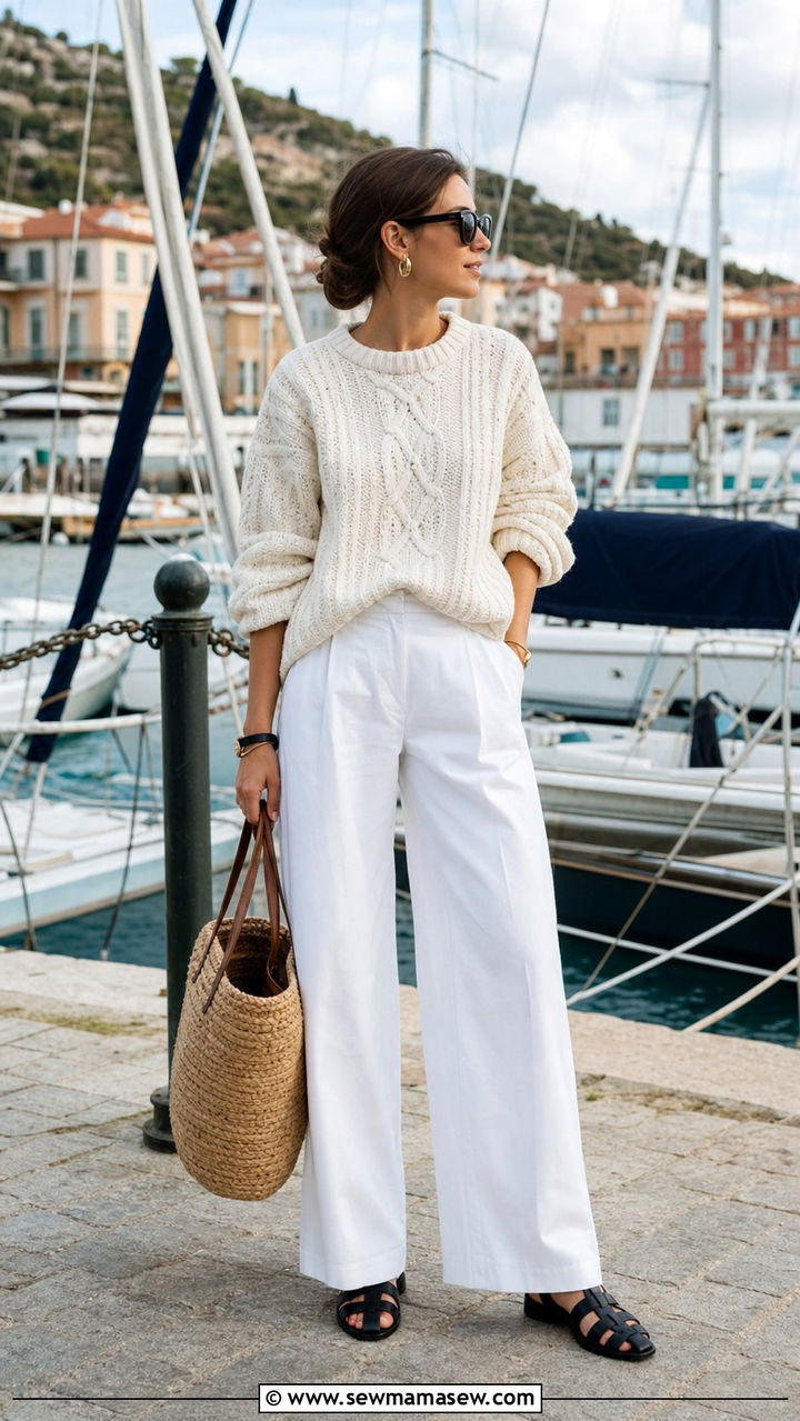 Cable Knit Sweater With White Wide Leg Trousers and Fisherman Sandals - 25 Sporty chic outfit ideas sailing