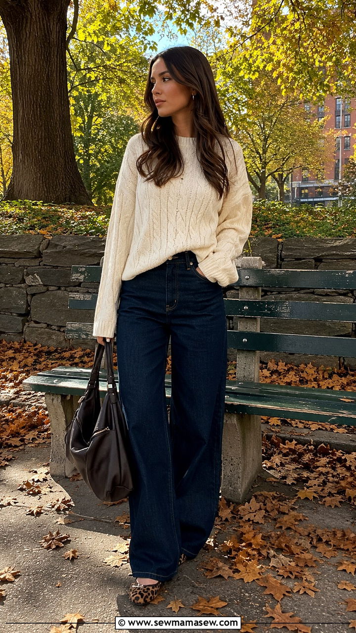 Cable Knit Sweater With Wide Leg Jeans - 25 wide leg jeans outfits aesthetic