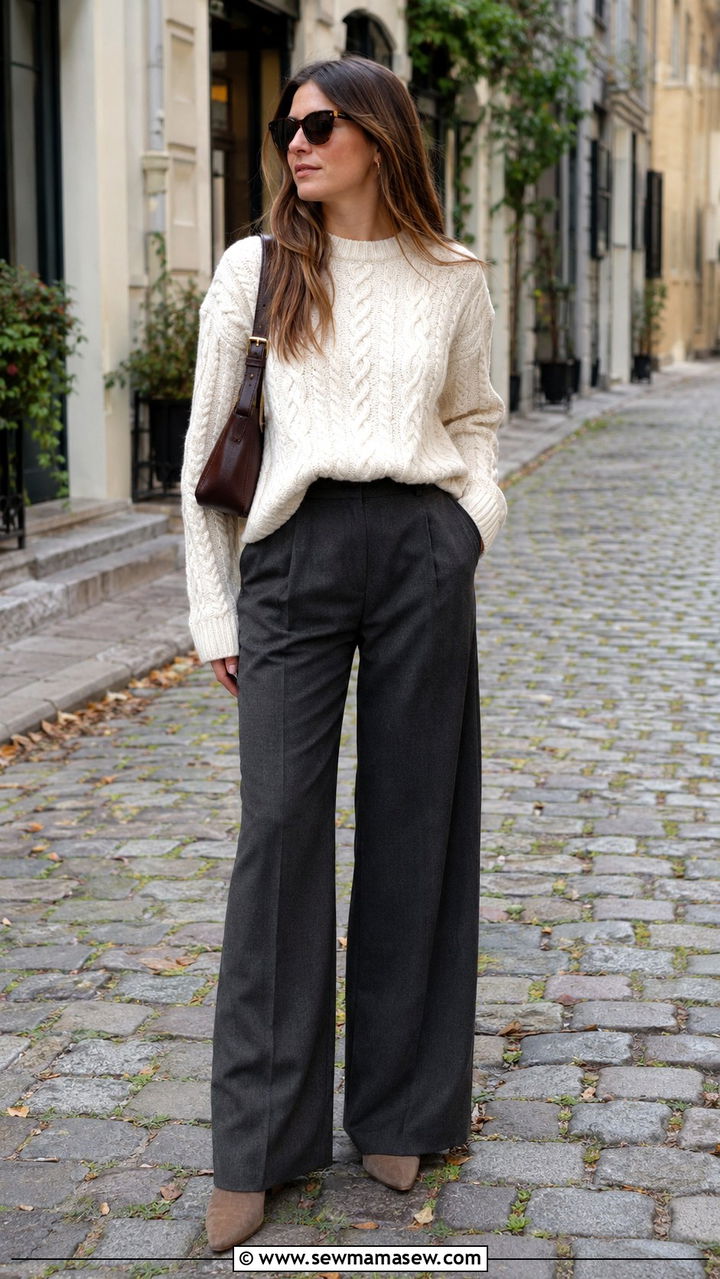 Cable Knit Sweater With Wide Leg Trousers - 25 Wide leg pants outfit ideas with a sweater