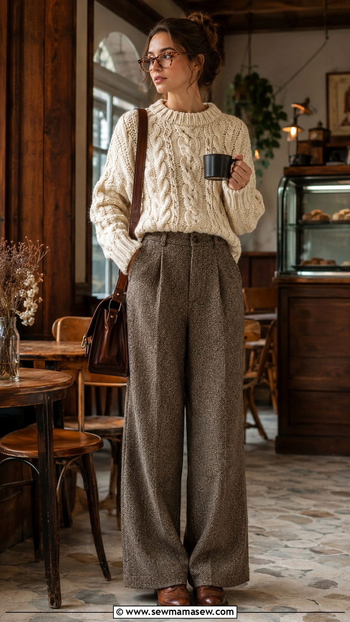 Cable Knit Sweater With Wide Leg Trousers And Brogues - 25 poetcore outfits ideas