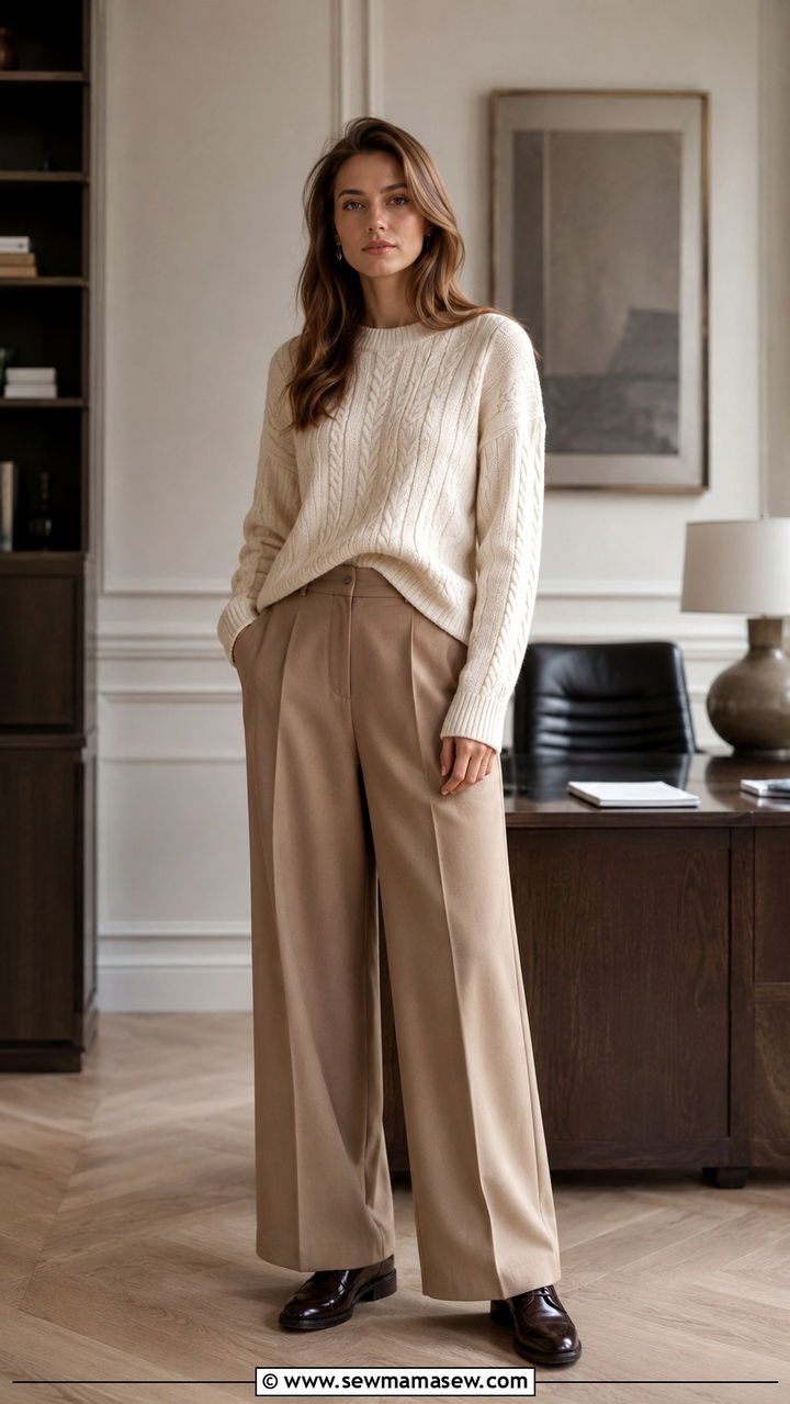 Cable Knit Sweater With Wide Leg Trousers And Oxfords - 20 Eclectic grandpa outfit ideas for work