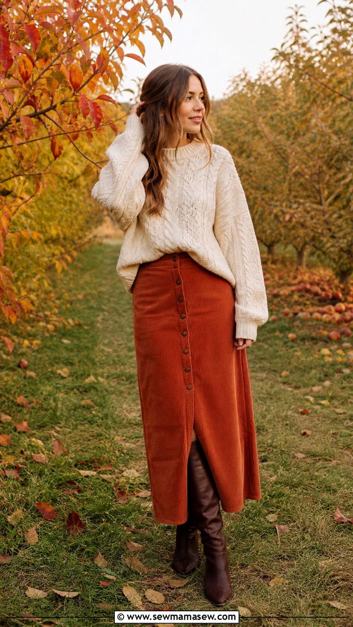 Cable Knit Sweater and Corduroy Maxi Skirt - 40 cute maxi skirt outfits