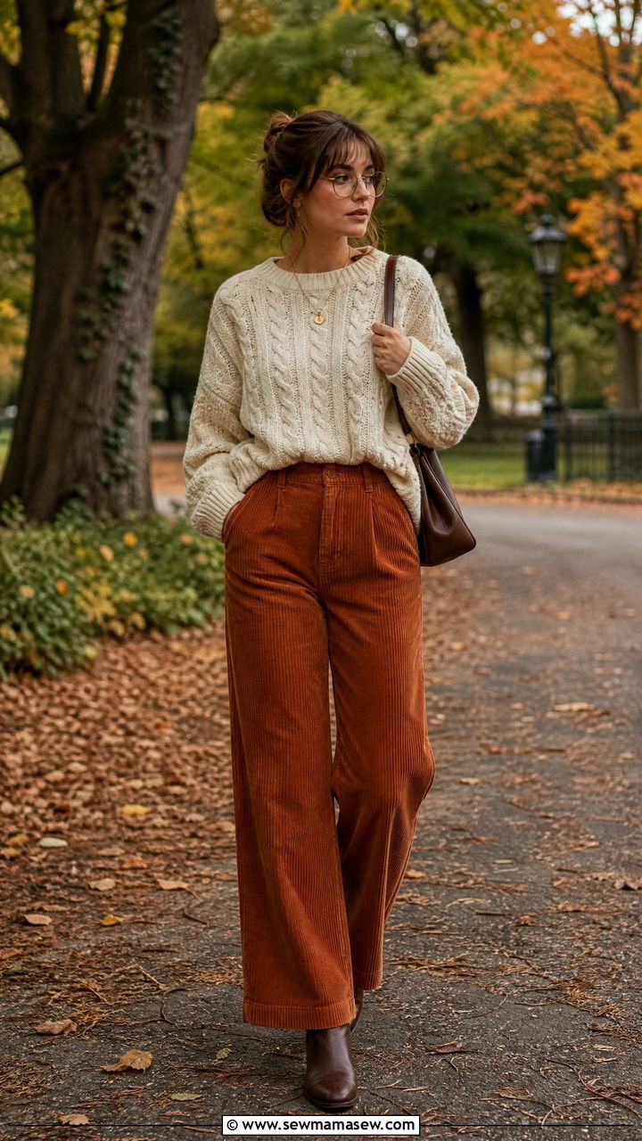 Cable Knit Sweater and Corduroy Pants - 25 librarian core outfits inspo