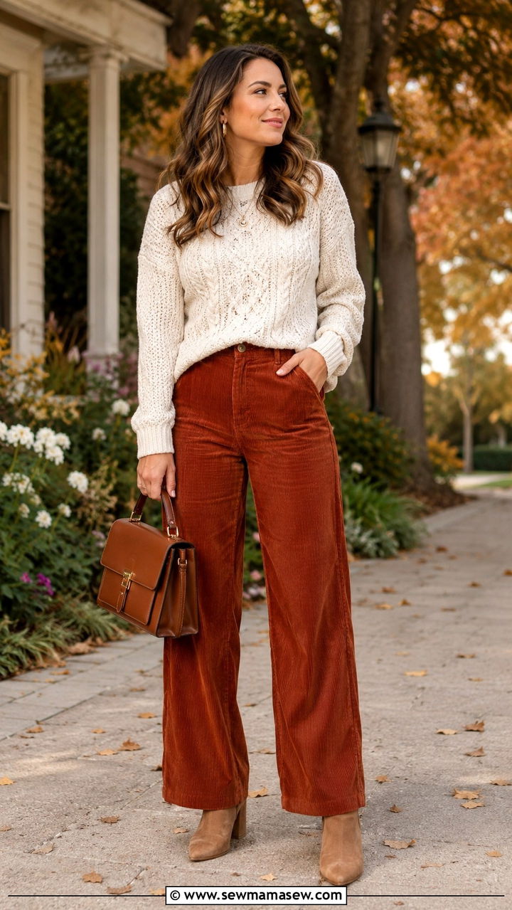 Cable Knit Sweater and Corduroy Pants Outfit - 30 midsize outfit ideas for women