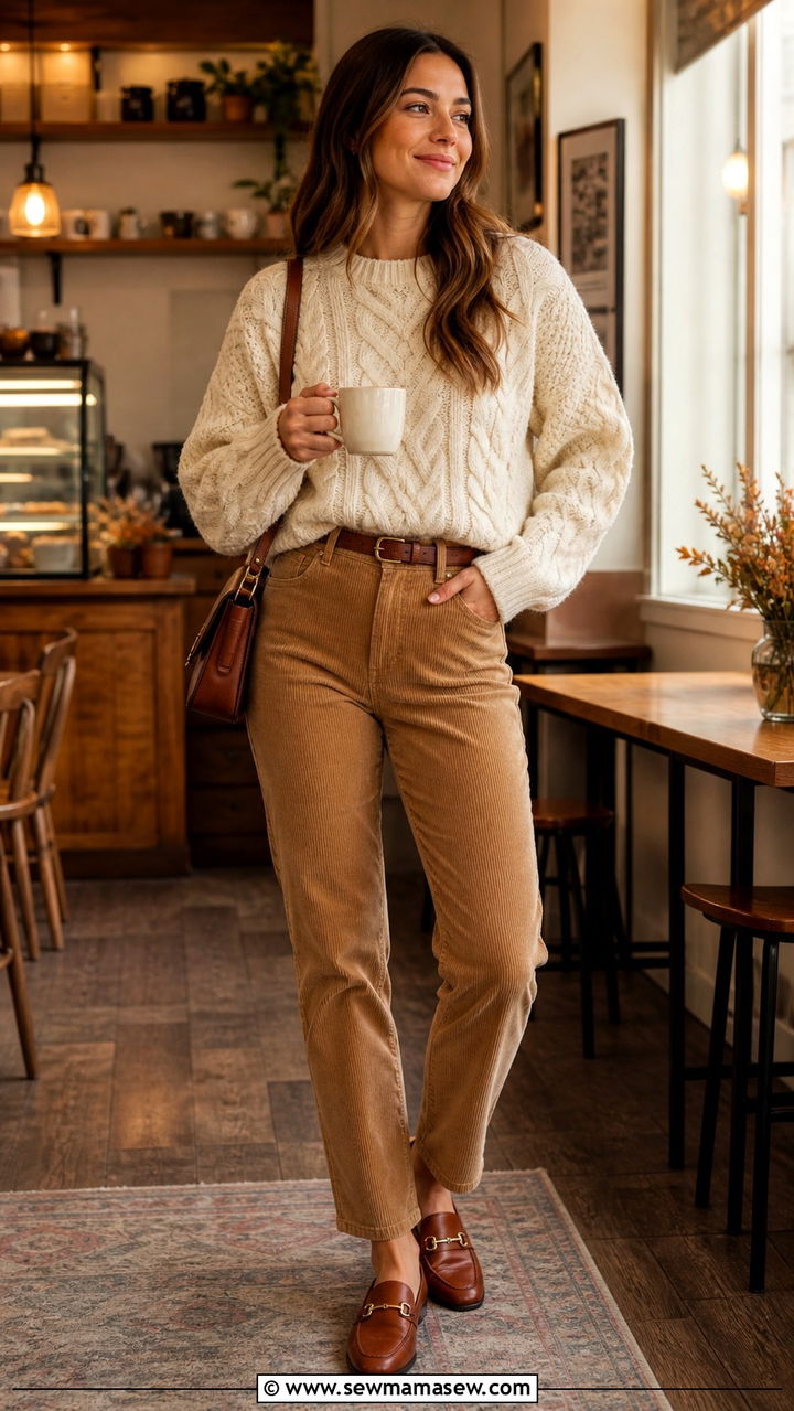 Cable Knit Sweater and Corduroy Pants with Loafers - 40 weekend outfit ideas for women