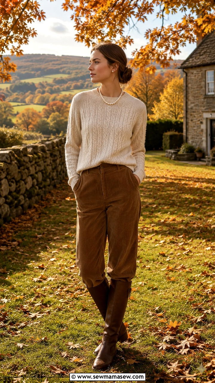 Cable Knit Sweater and Corduroy Trousers With Pearl Necklace - 25 Old money outfit ideas with pearls necklace
