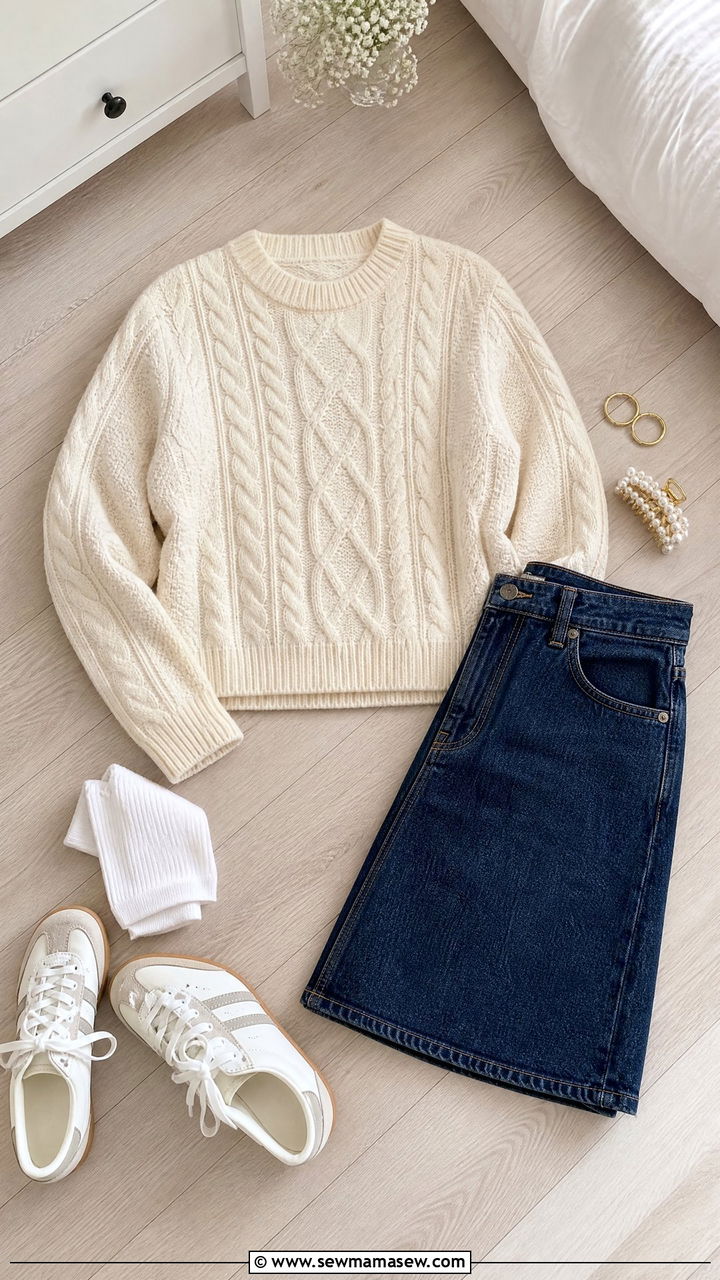 Cable Knit Sweater and Denim Mini Skirt Outfit for Tweens - 20 Tween outfit ideas for girls 2026