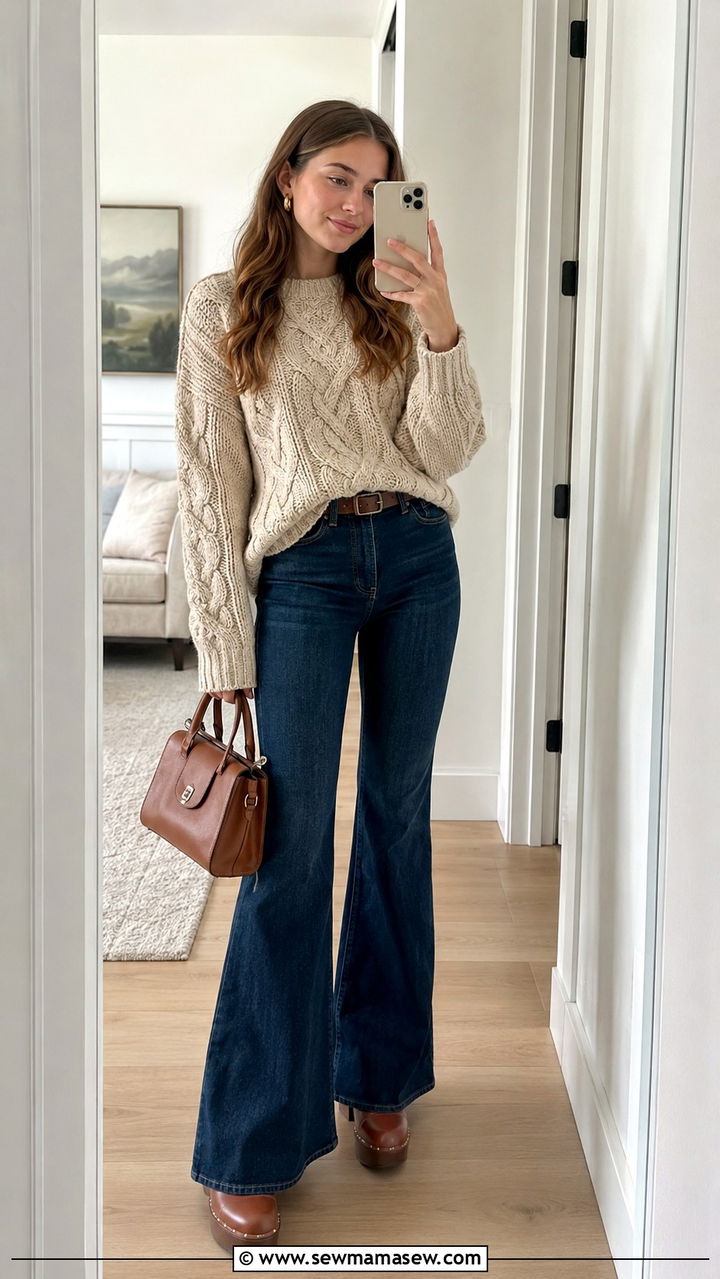 Cable Knit Sweater and Flare Jeans Outfit - 30 Trendy outfits for 14 year olds