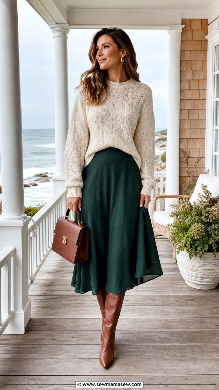 Cable Knit Sweater and Flowy Midi Skirt Outfit - 25 seasonal beach vacation outfit ideas