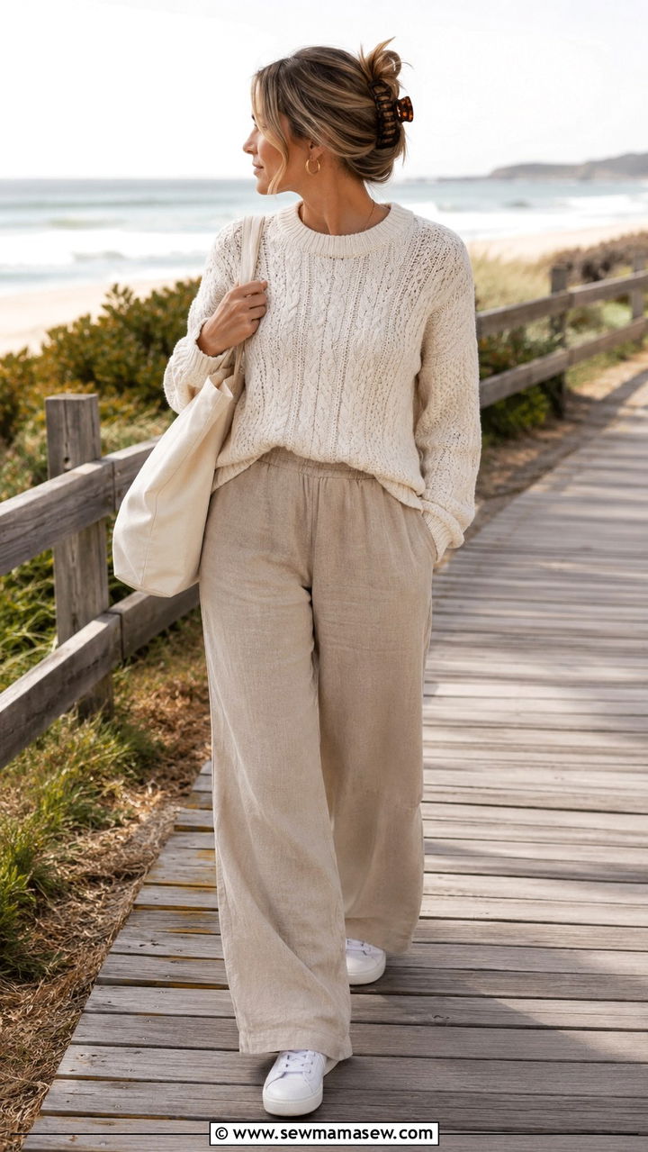 Cable Knit Sweater and Linen Pants - 20 coastal grandmother outfits to copy