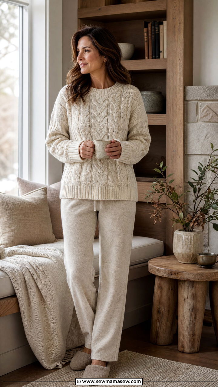 Cable Knit Sweater and Lounge Pants Outfit - 35 Loungewear outfit ideas for women over 40
