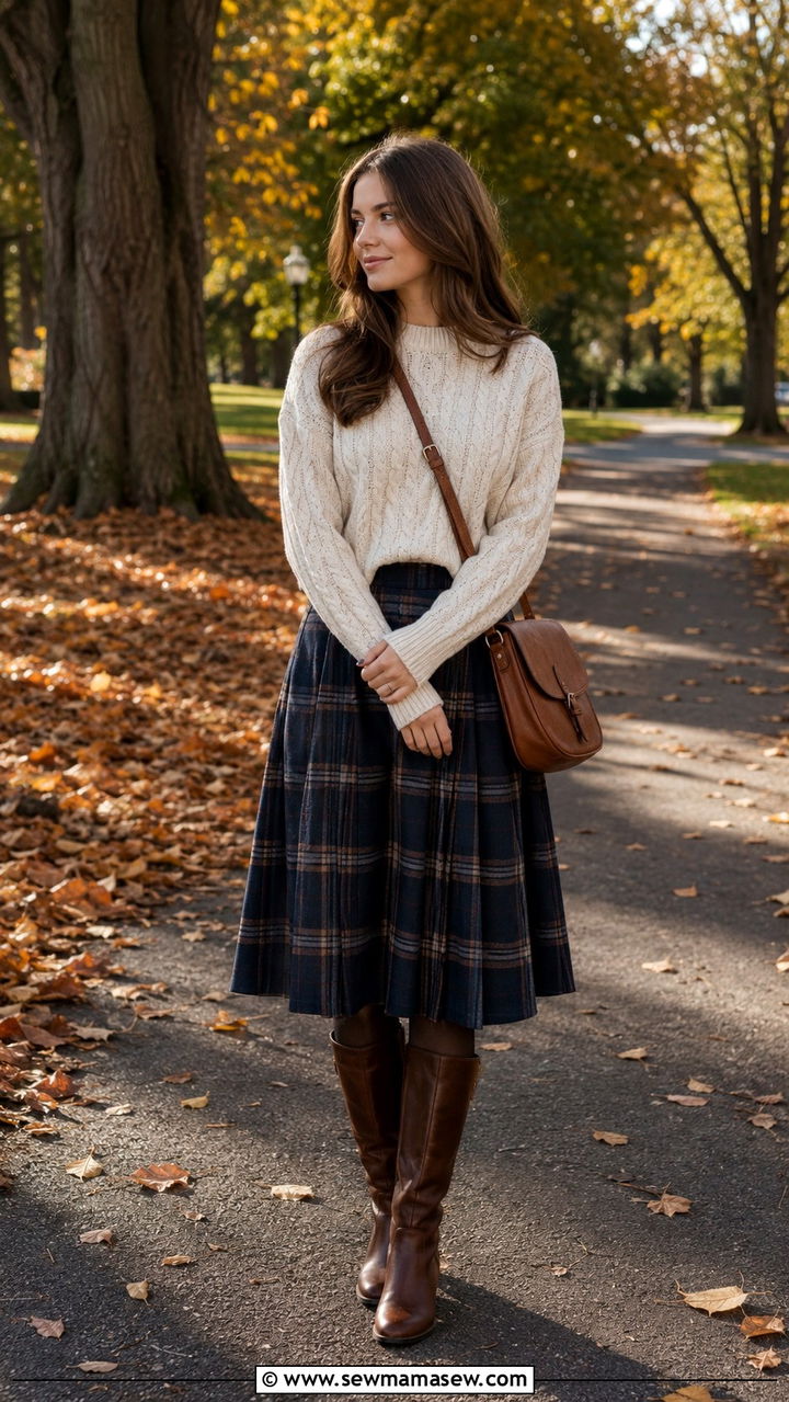 Cable Knit Sweater and Plaid Midi Skirt - 25 Old money outfit ideas budget