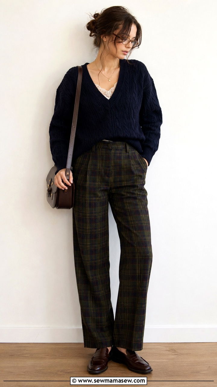 Cable Knit Sweater and Plaid Pants Outfit - 20 Poetcore outfit ideas 2026