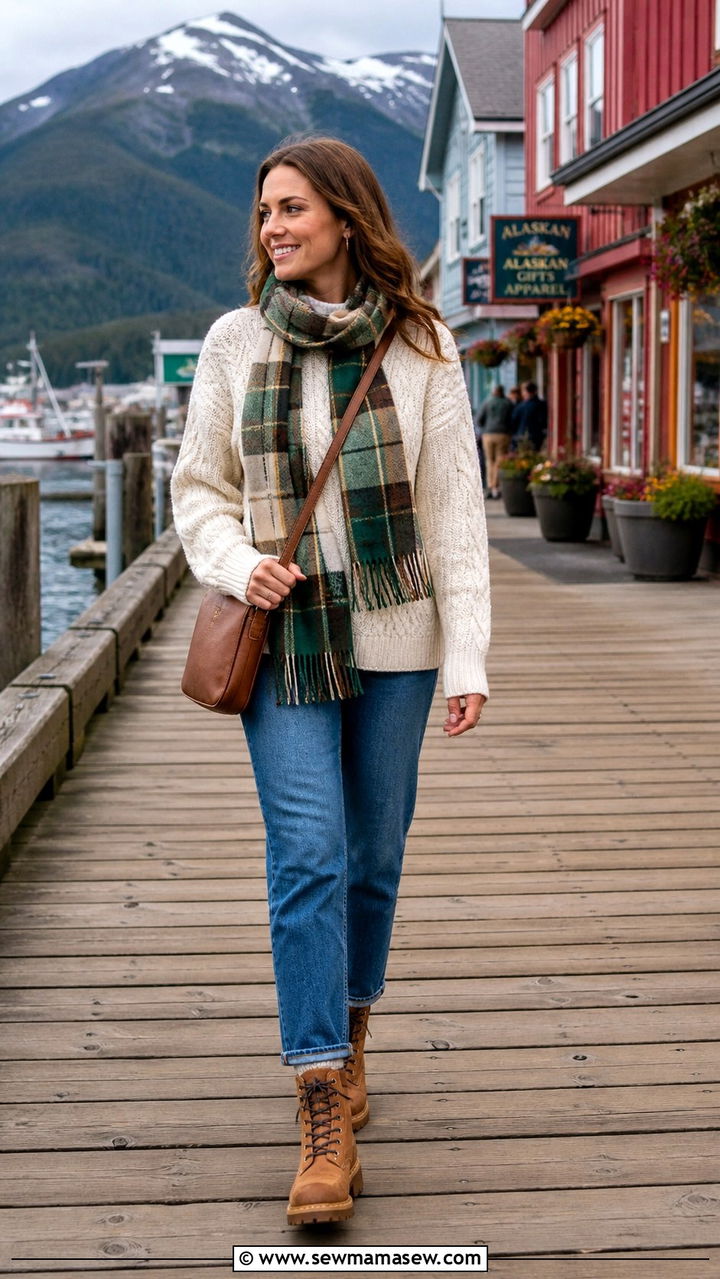 Cable Knit Sweater and Plaid Scarf Alaska Cruise Outfit - 25 Alaska cruise outfit ideas 2026