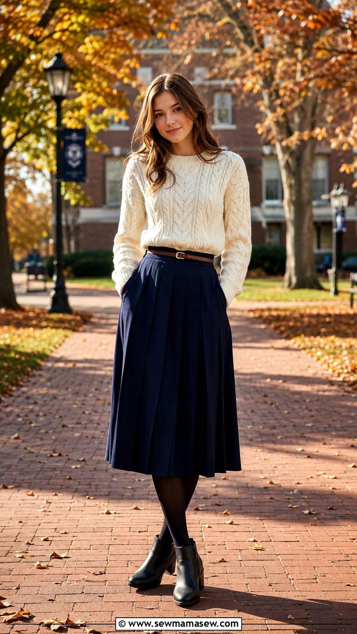 Cable Knit Sweater and Pleated Midi Skirt - 30 School outfit ideas with skirt