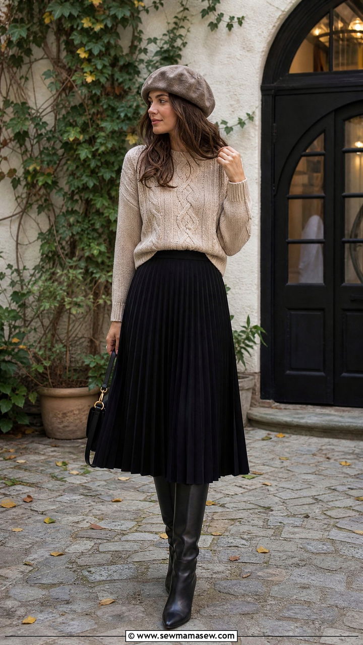 Cable Knit Sweater and Pleated Skirt - 25 librarian core outfits aesthetic