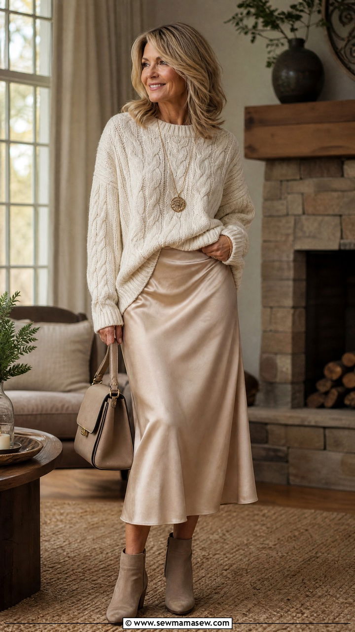 Cable Knit Sweater and Satin Midi Skirt - 25 Fashion over 50 outfit ideas