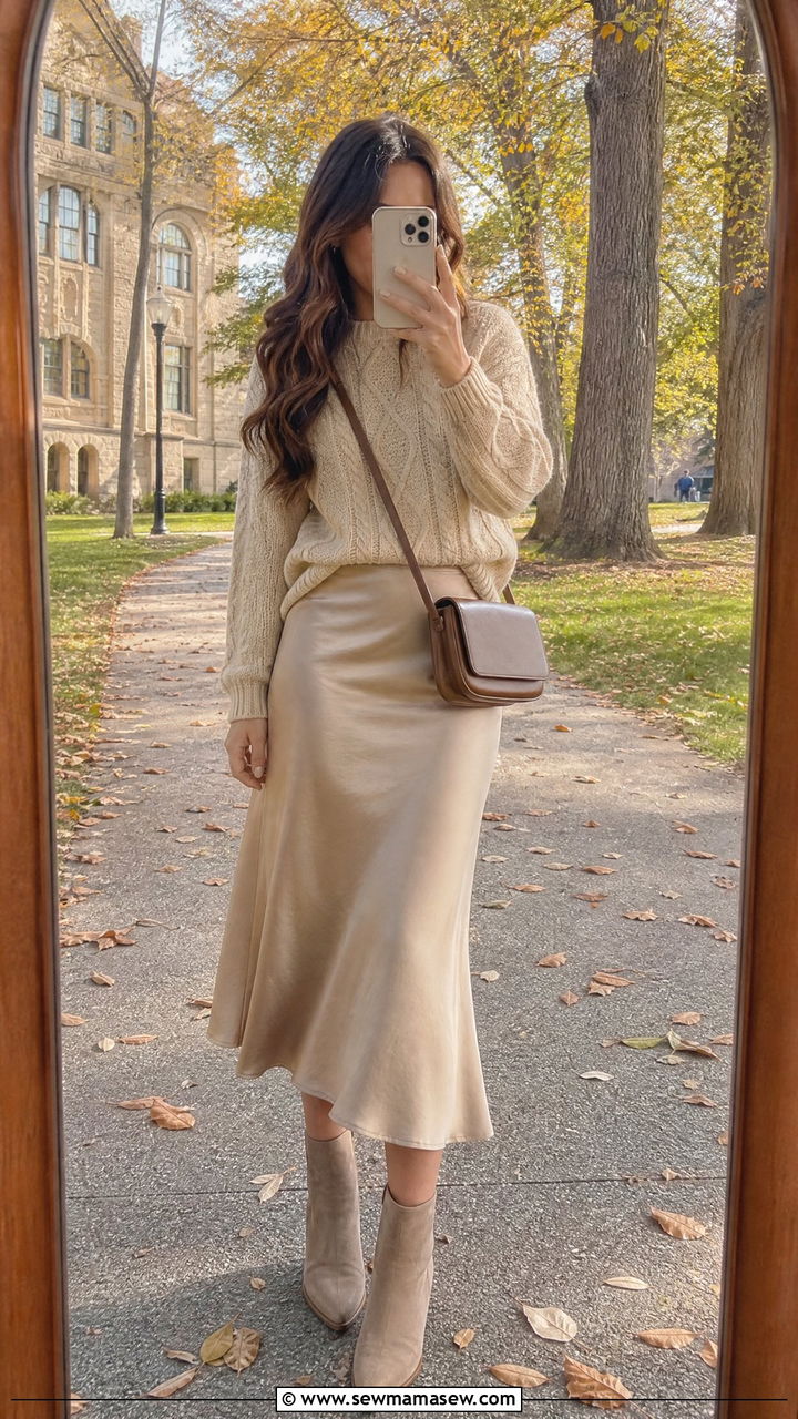 Cable Knit Sweater and Satin Midi Skirt - 25 Grad student outfit ideas