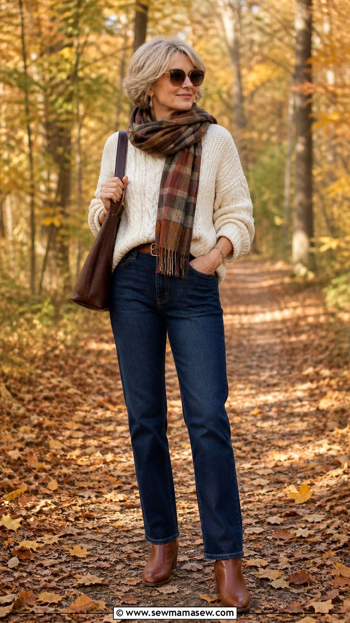 Cable Knit Sweater and Straight Leg Jeans Fall Outfit - 40 How to dress in your 50s