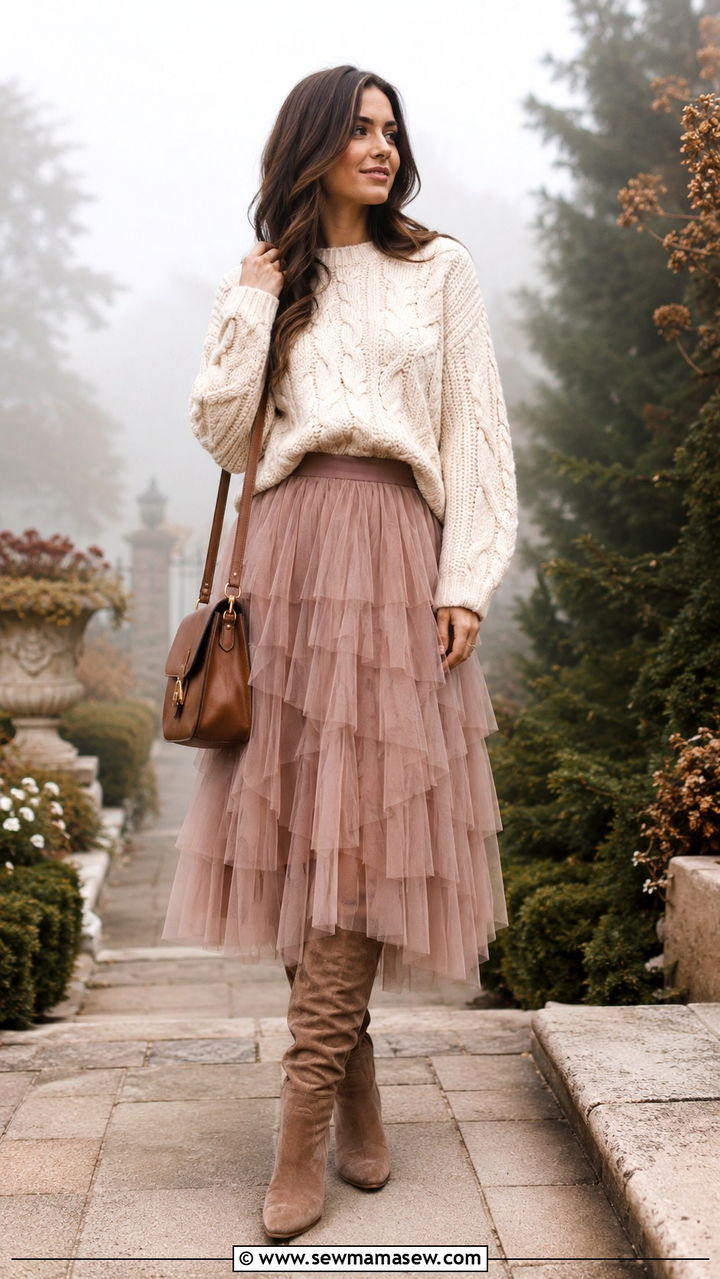 Cable Knit Sweater and Tiered Tulle Skirt - 25 poetcore outfits for women