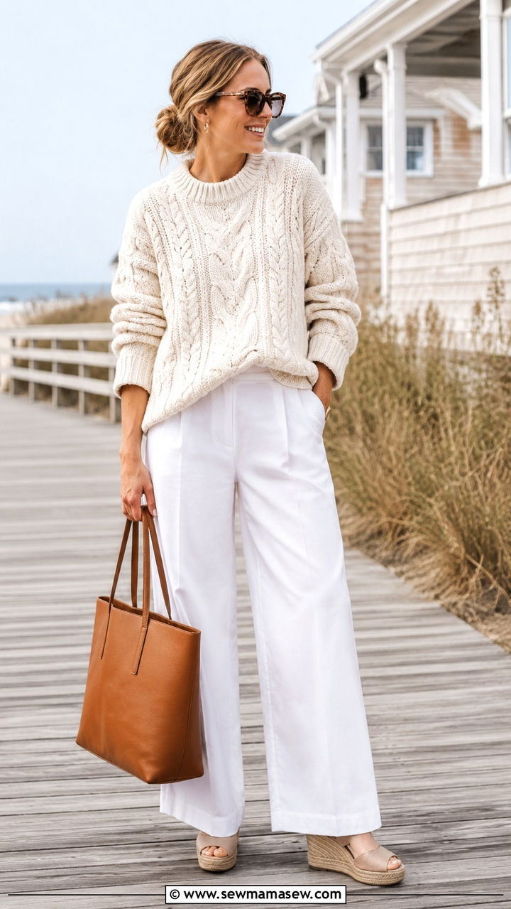 Cable Knit Sweater and White Trousers Outfit - 30 spring outfit ideas aesthetic