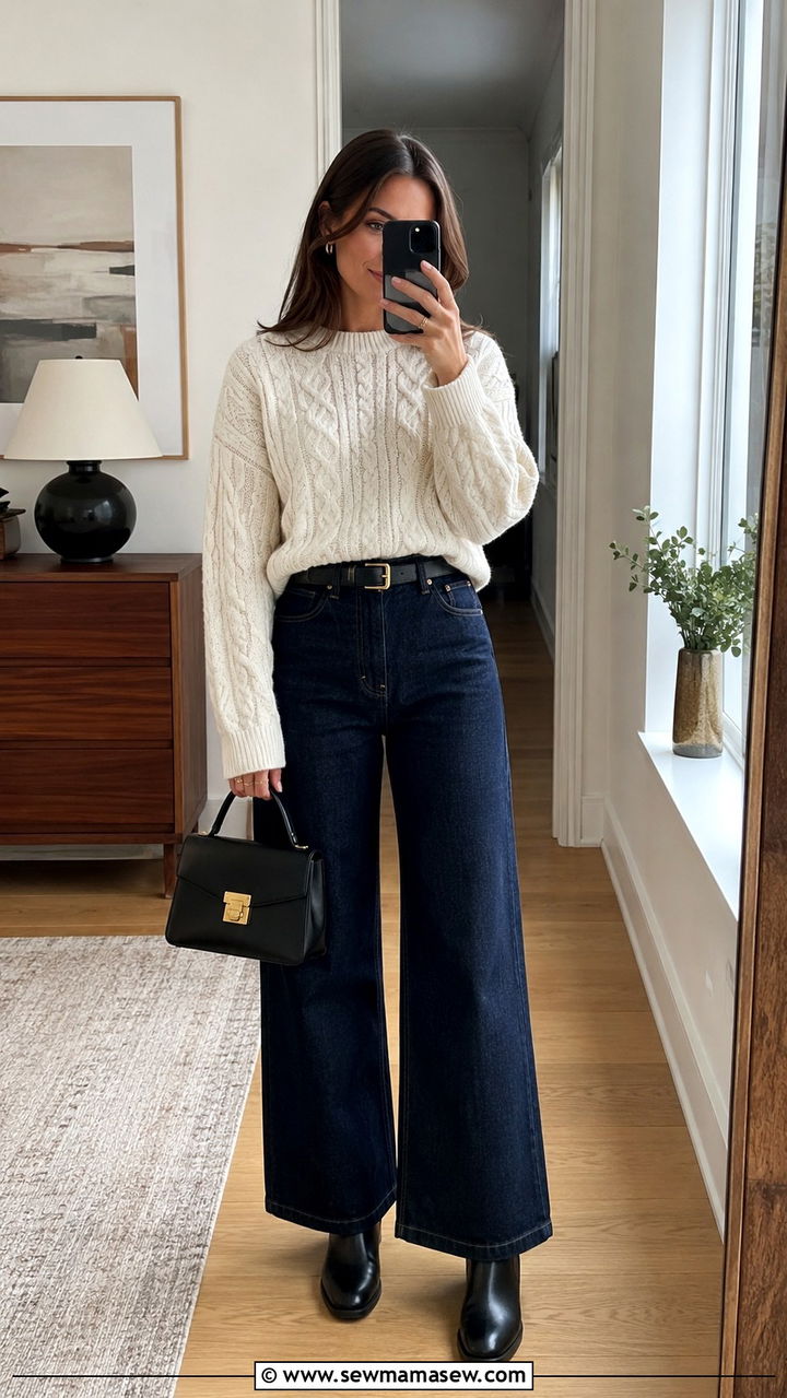 Cable Knit Sweater and Wide Leg Jeans With Chelsea Boots - 25 Wide leg jeans outfit ideas with a sweater