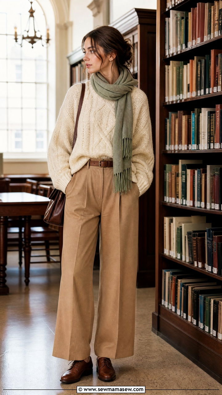 Cable Knit Sweater and Wide Leg Trousers - 25 classy light academia outfit ideas