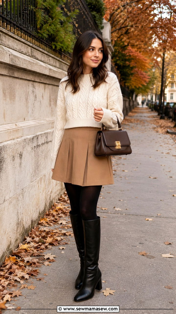 Cable Knit Sweater with A Line Mini Skirt and Knee High Boots for Petites - 30 Old money outfit ideas petite