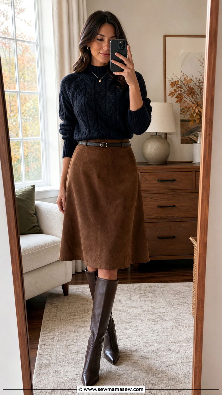 Cable Knit Sweater with A Line Suede Skirt Outfit - 20 Outfit ideas for inverted triangle body to balance shoulders