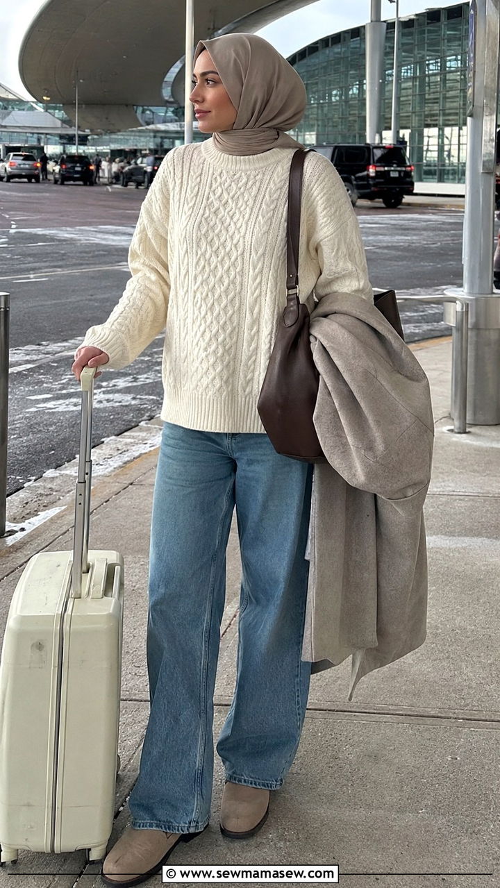 Cable Knit Sweater with Barrel Leg Jeans and Ankle Boots - 30 Modest outfit ideas for airport