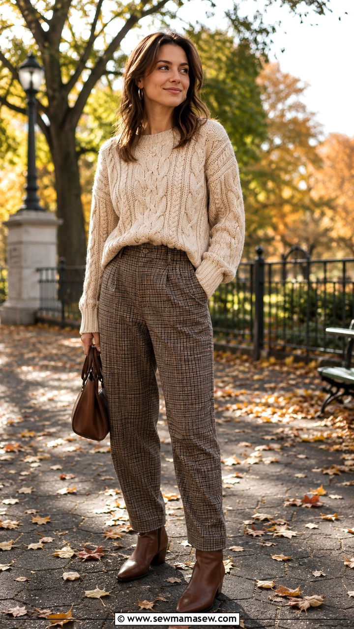Cable Knit Sweater with Checked Pants - 30 brunch outfits Pinterest