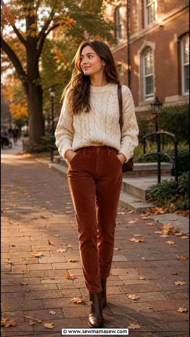 Cable Knit Sweater with Corduroy Pants - 40 college outfits
