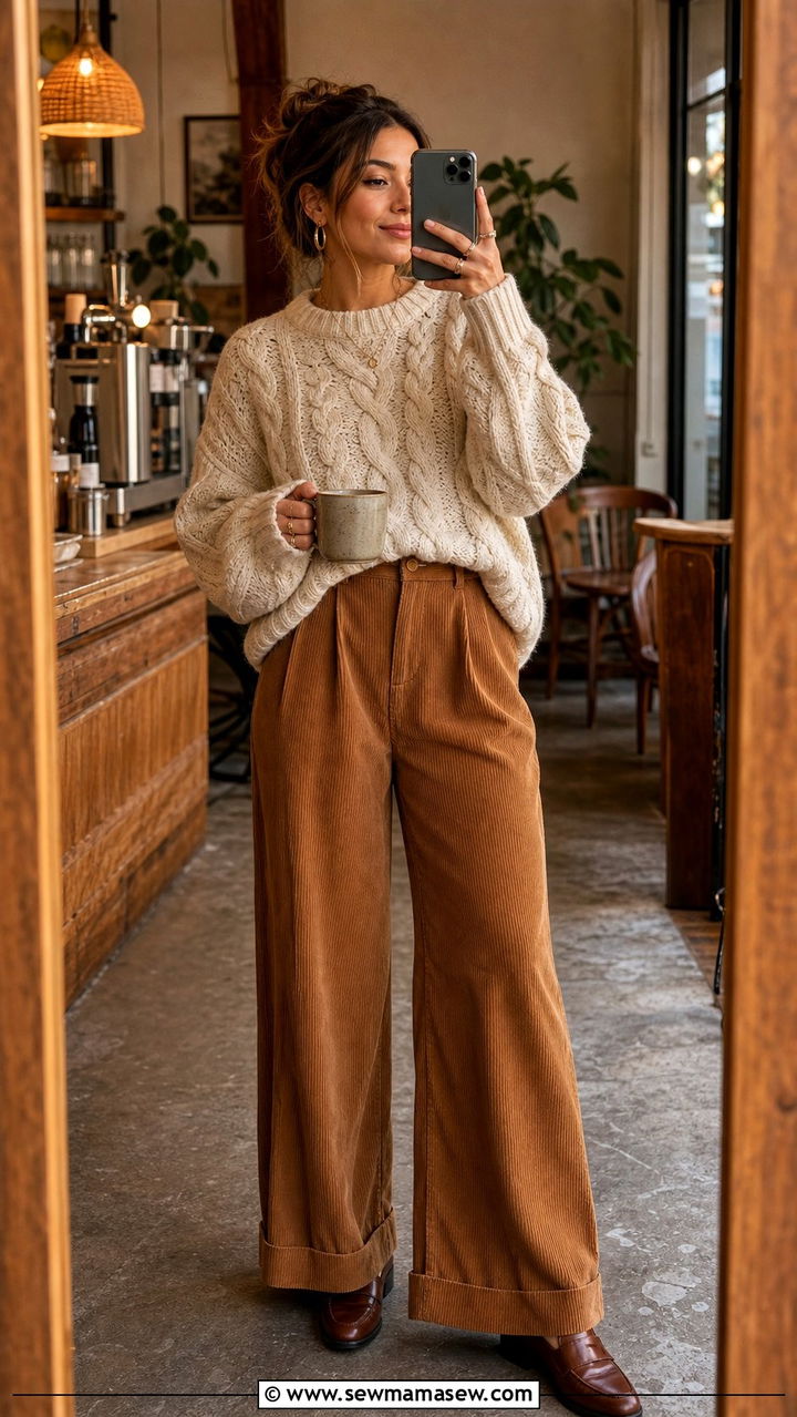 Cable Knit Sweater with Corduroy Pants - 25 cute light academia outfits
