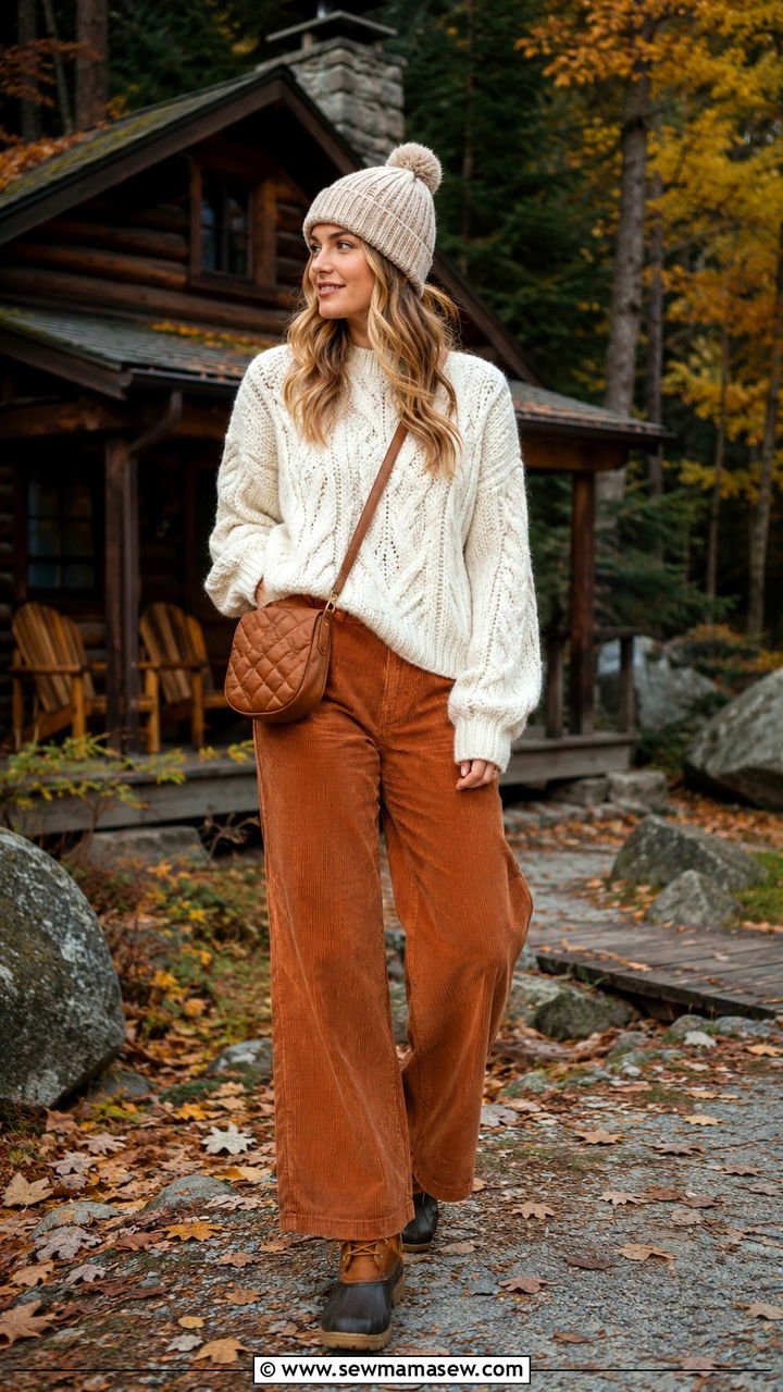 Cable Knit Sweater with Corduroy Pants and Bean Boots - 30 Travel outfit ideas for moms