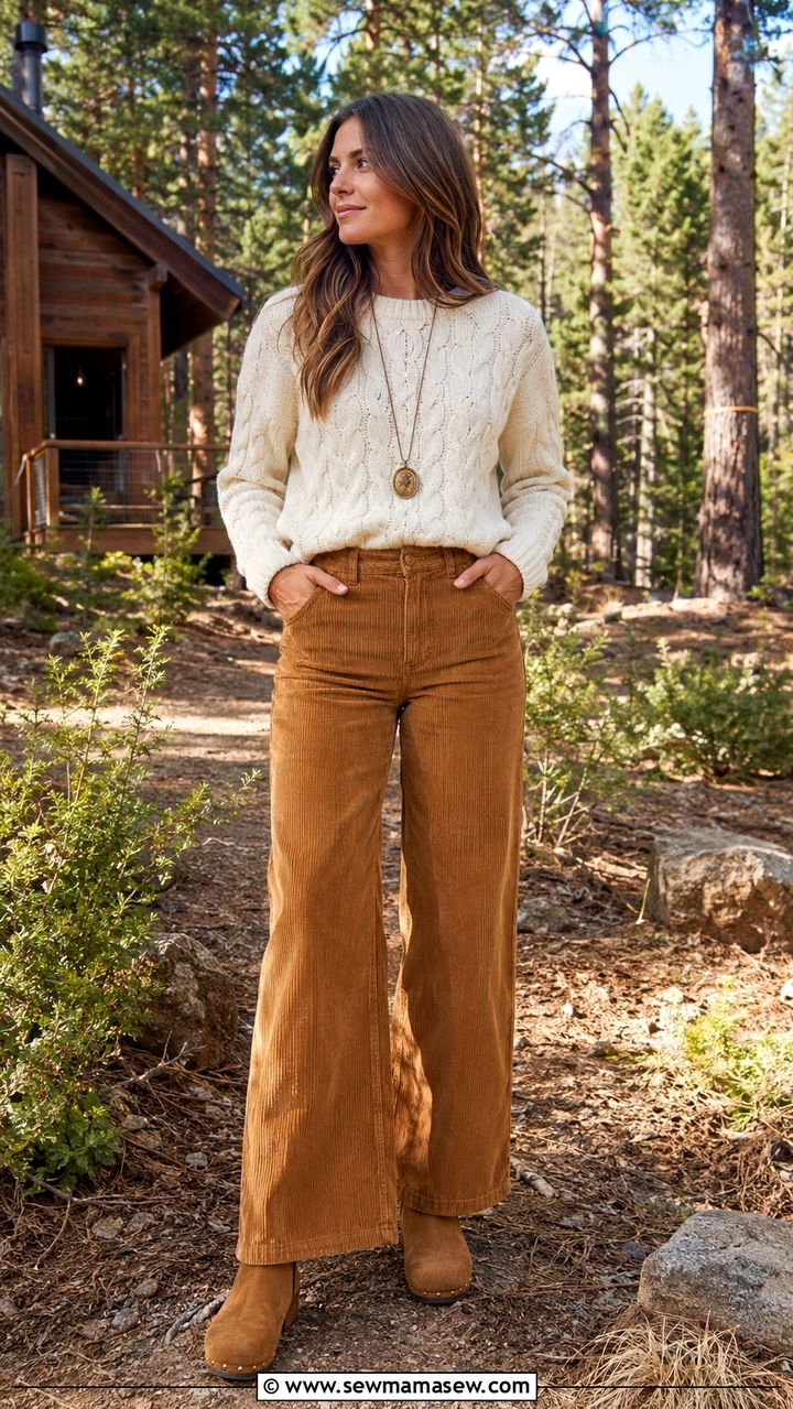 Cable Knit Sweater with Corduroy Pants and Clogs - 30 Spring cabin weekend outfits