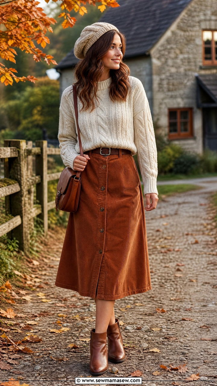 Cable Knit Sweater with Corduroy Skirt - 30 Feminine outfit ideas