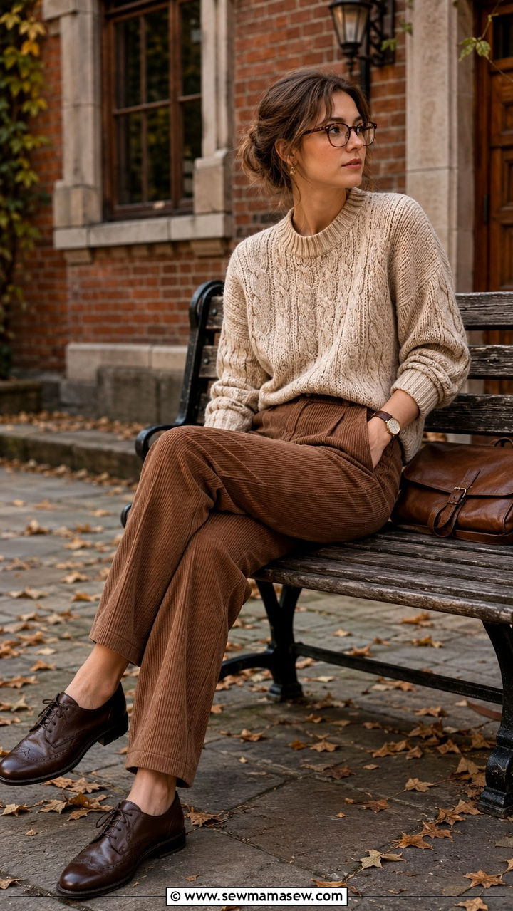 Cable Knit Sweater with Corduroy Trousers - 30 light academia outfits to copy