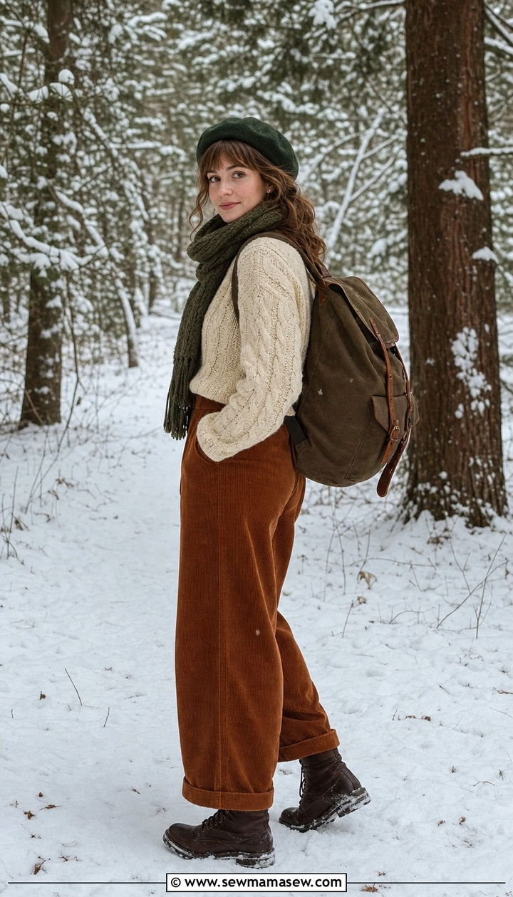Cable Knit Sweater with Corduroy Trousers - 25 cottagecore capsule wardrobe outfits