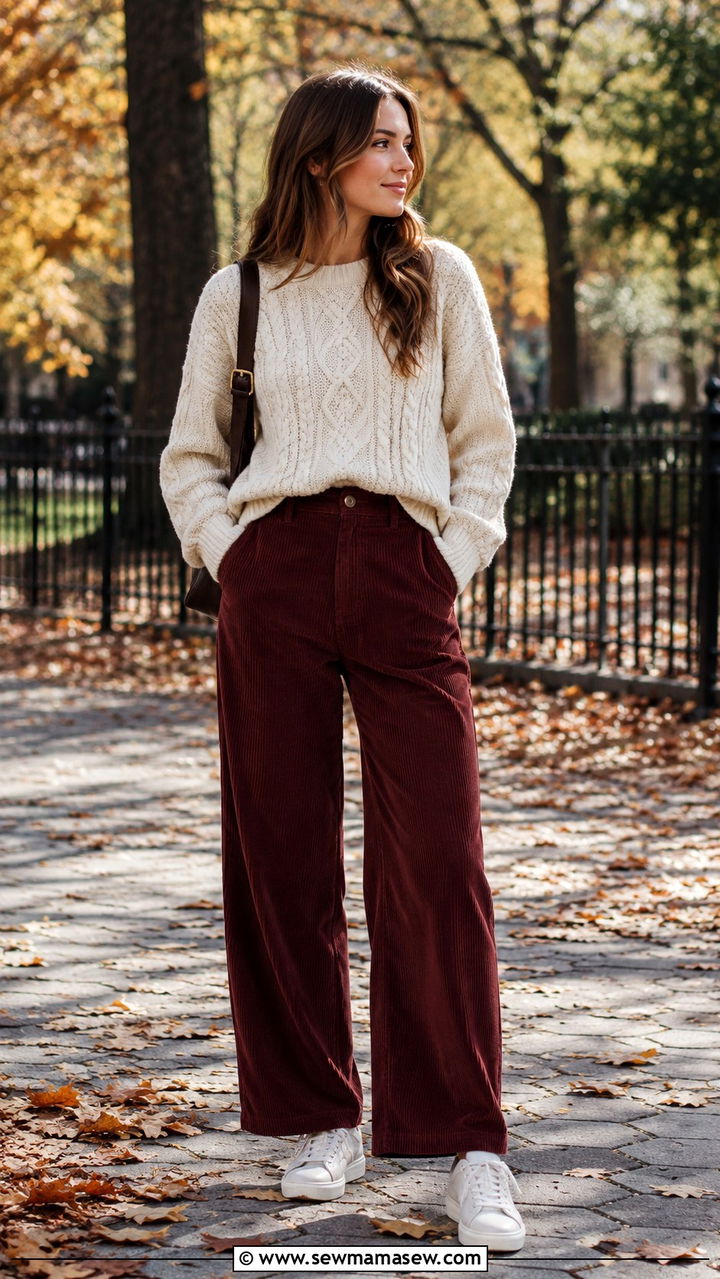 Cable Knit Sweater with Corduroy Wide Leg Pants - 30 Modest outfit ideas 2026
