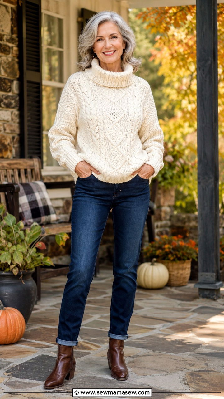 Cable Knit Sweater with Dark Denim Outfit - 30 Trendy outfits for women over 50
