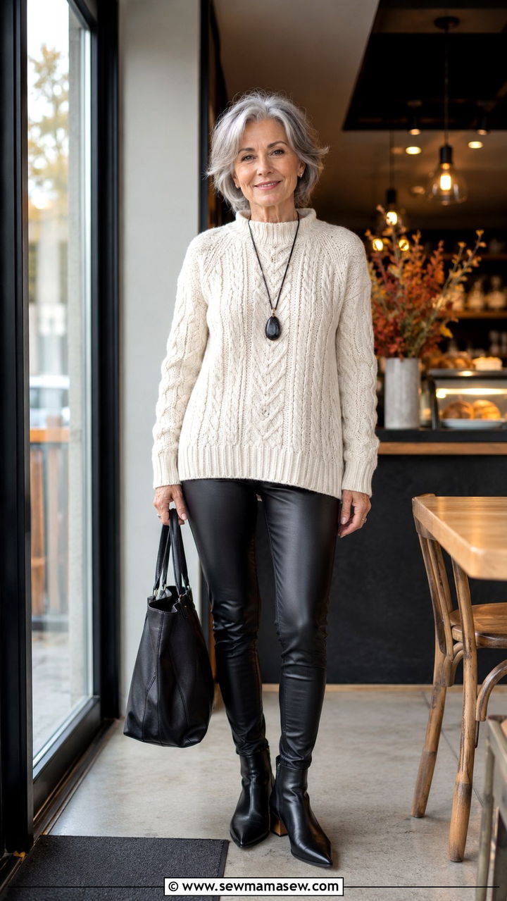 Cable Knit Sweater with Faux Leather Leggings - 30 Petite outfits for women over 60