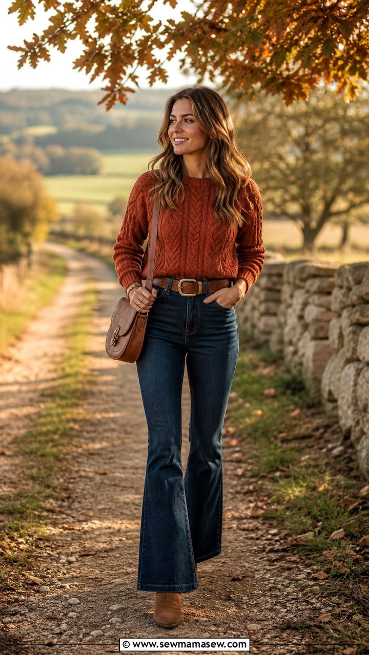 Cable Knit Sweater with Flare Jeans and Suede Boots - 40 jeans outfit ideas for women