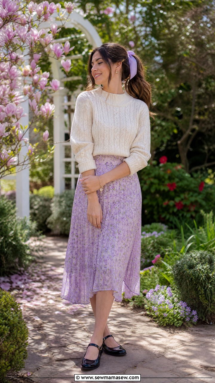 Cable Knit Sweater with Floral Midi Skirt and Mary Janes - 30 Cottagecore spring outfits