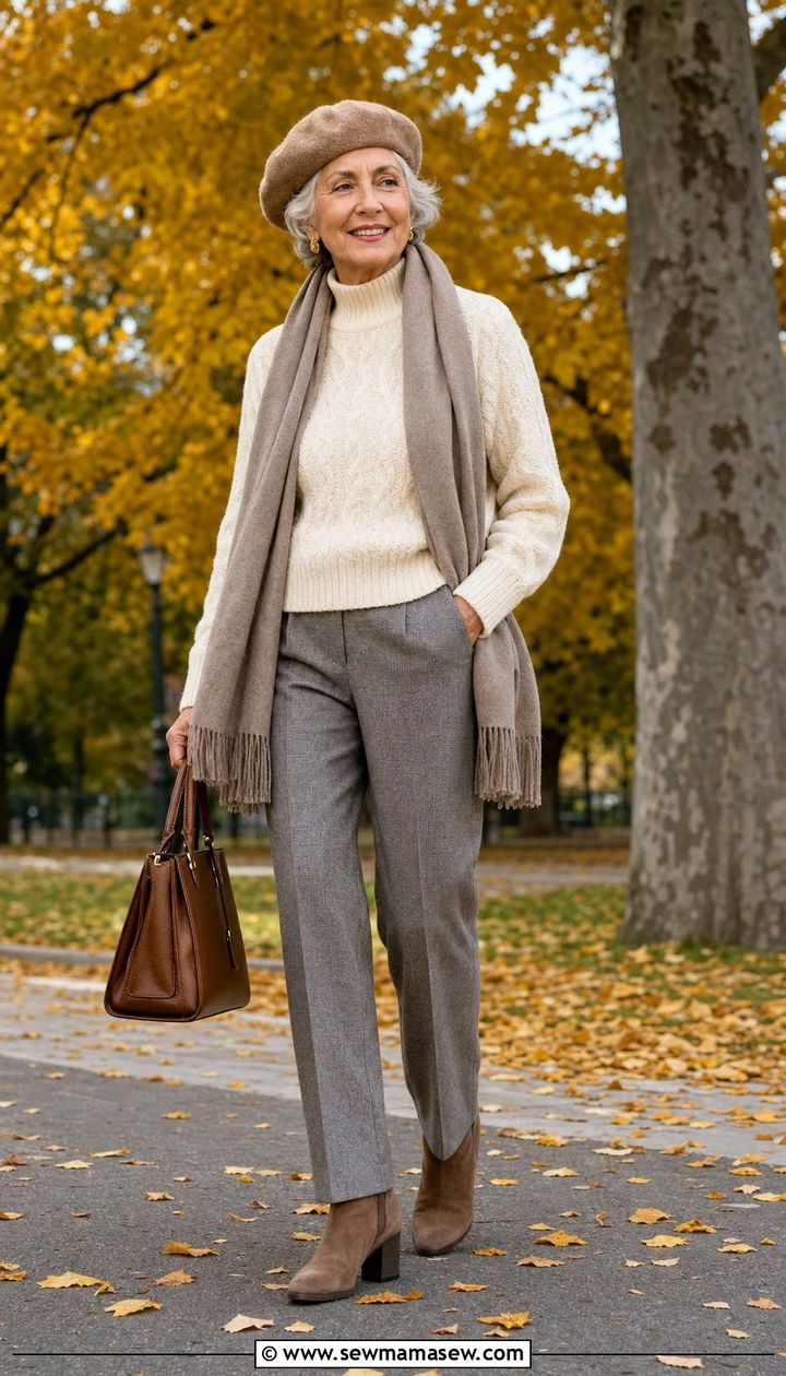 Cable Knit Sweater with Grey Trousers - 25 Cute outfits for women over 70