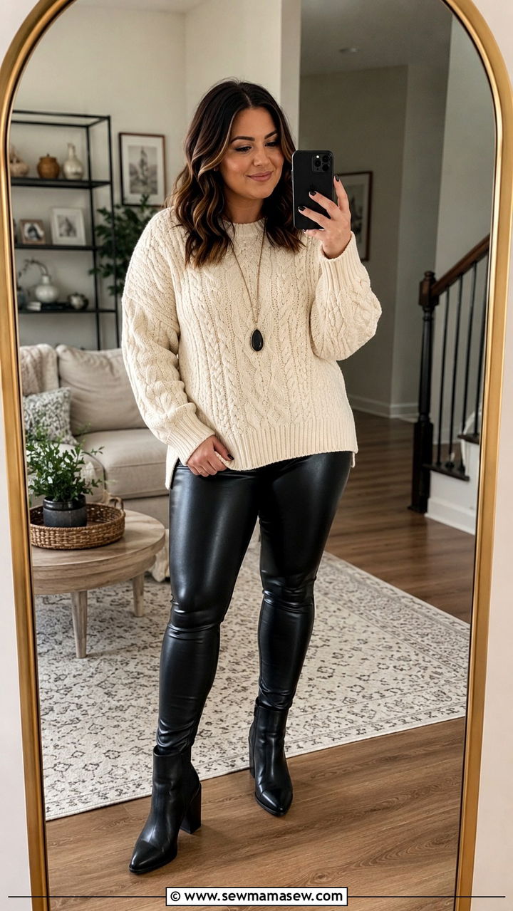 Cable Knit Sweater with Leather Leggings Outfit - 30 casual outfits for midsize women
