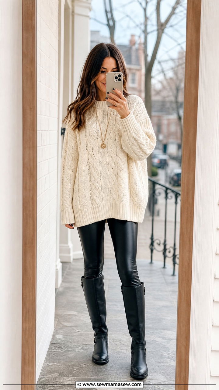 Cable Knit Sweater with Leather Leggings - 30 family photo outfits for women